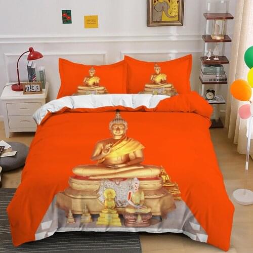 Orange Buddha Statue Bedding Set Comforter 3D Print Luxury Duvet Cover Set Home Textile Decoration Adult Queen King Single Size