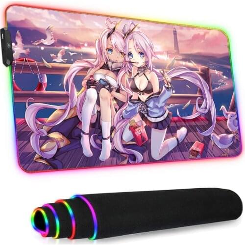 LED Mouse Pad Rgb Anime Gaming Accesories Azur Lane Genshin Impact Dedales Gamer Girl Leather Mat While Desk Mat Cute Longteng