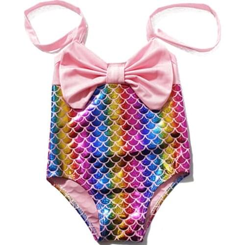 2021 Baby Girl Swimsuit Beach Romper No-Sleeve Square Neck Scale Printed Large Bowknot Swimwear Kids Swimwear Bikinis set