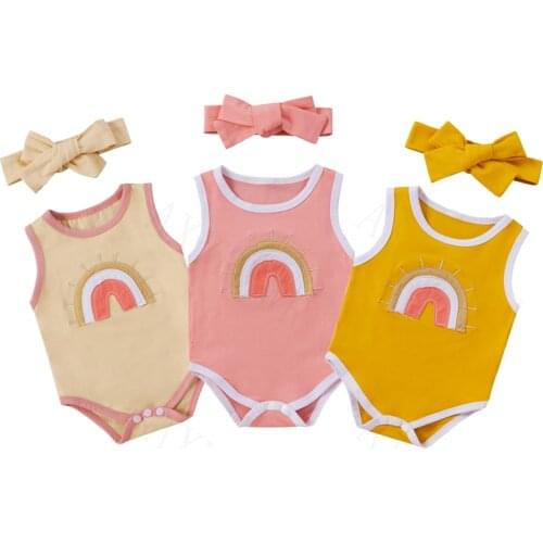 Baby Summer Clothing Baby Boy Girl Cotton Romper Rainbow print Jumpsuit Newborn Headband Clothes Baby Infant Outfit