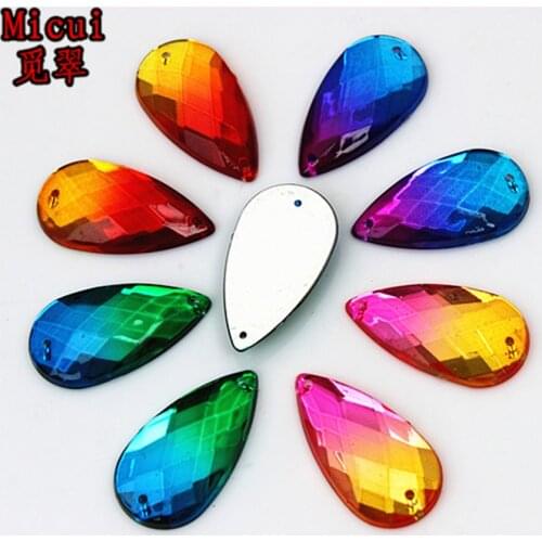 Micui 30pc 16*30mm Double Color Acrylic Rhinestone Crystal Big Drop Shape Sew On Rsilver Base Flatback With 2 Holes ZZ97