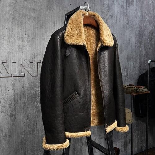 Mens Shearling Sheepskin Jacket Pilots Coat Mens Fur Coat Aviation Leathercraft Flying Jacket