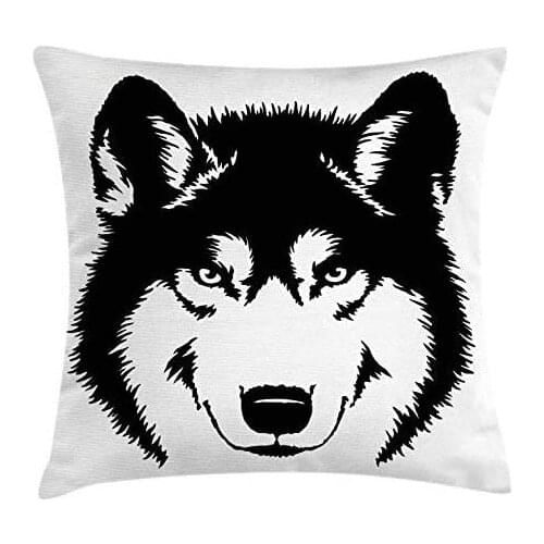 Pooizsdzzz Wolf Throw Pillow Cushion Cover, Predator Furry Animal Drawing as Monochrome Image Fore Portrait, Decorative