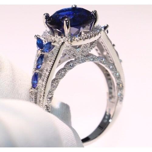 New Arrival Hot Sale Retro Fashion Jewelry 925 Sterling Silver Round Shape Blue 5A Zirconia CZ Promise Wedding Band Crown Ring