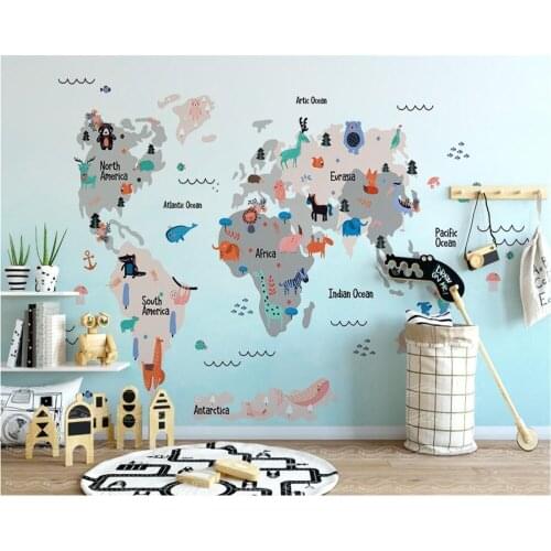 Beibehang Custom Wallpaper Furniture Decoration Mural Hand Painted Cartoon World Animals Map Kids Room Mural photo 3d wallpaper