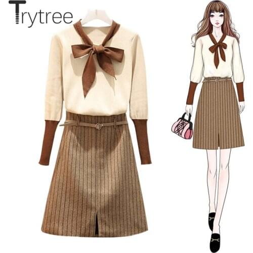 Trytree Autumn Winter Two piece set Casual V-neck Bow Patchwork Knitting Top + Skirt Mini Stripe Fashion Split hem 2 Piece Set