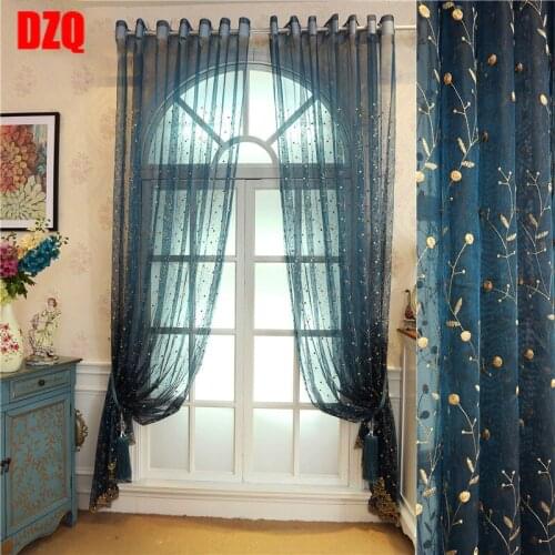 Simple Modern Embroidery Sheer Curtain European Window Curtains for Bedroom White and Peacock Blue Living Room Tulle Curtains