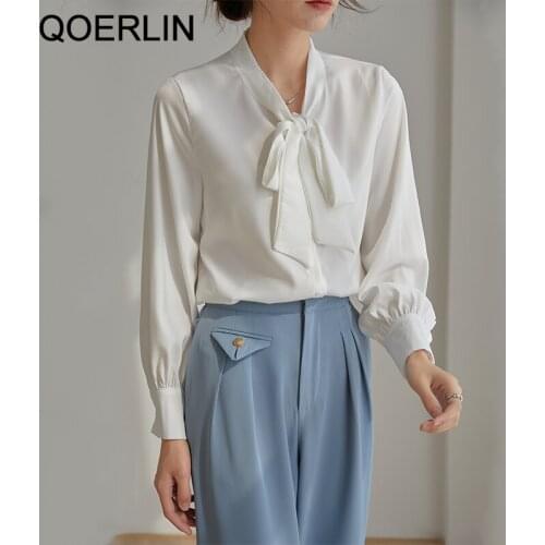 QOERLIN White Tops Shirt Bow Spring Autumn Long Sleeve Blouse Women Elegant Loose Casual Single-Breasted Workwear Office Ladies