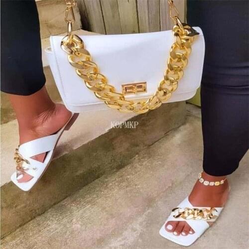 Summer Womens Sandals Beach SquareToe Flat Leather Slippers Fashion Chain Outdoor Comfortable Casual Set Foot Sandals 2022