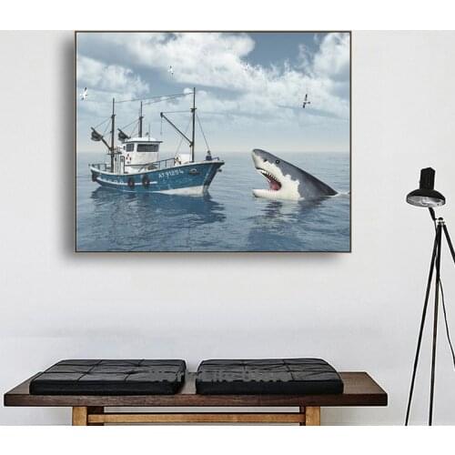 Modern Computer Animation Wall Canvas Poster Big Shark With Fish Boat On the Sea Picture For Living Room Home Decor No Frame