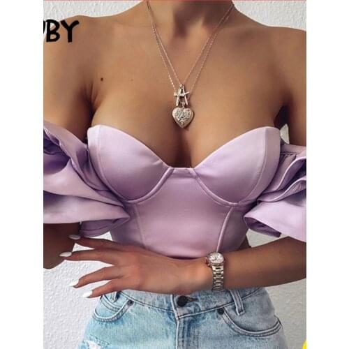Sruby Satin Ruffles Sexy Crop Tops Women Clothes Strapless Short Summer Tops Off Shoulder Crop Tank Top Beachwear Cropped 2020
