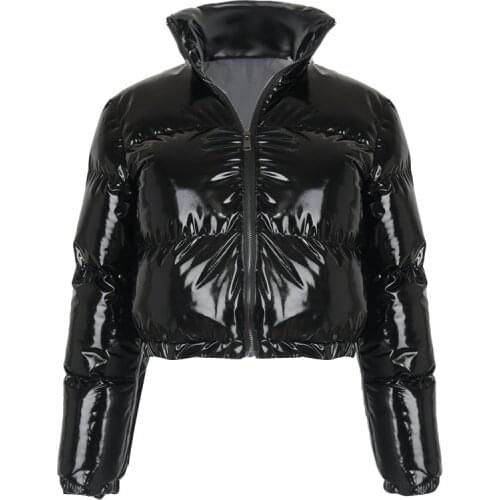 Warm Thick Coat Winter Patent Leather Bubble Coat Women Zipper Waterproof Latex Puffer Jacket Womens Parkas Short Style