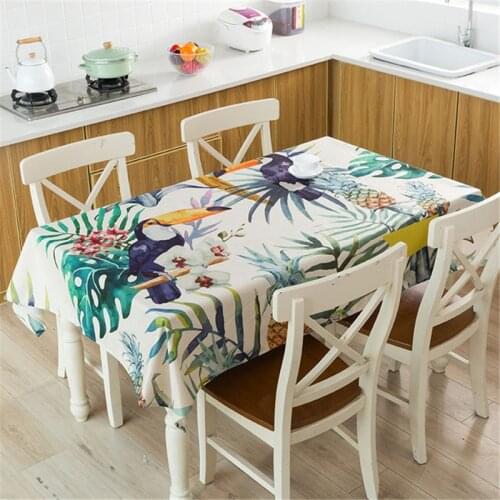 Toucan Linen Tablecloth Waterproof Dinner Table Cloth Tropical Plant Print Decorative Table Cover Rectangular Washable