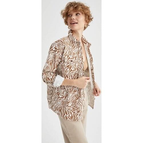 Ecru Zebra Patterned Relax Fit Cotton Shirt 100% Cotton Long Sleeve Womens Spring / Summer / Autumn Casual Street Safari Style