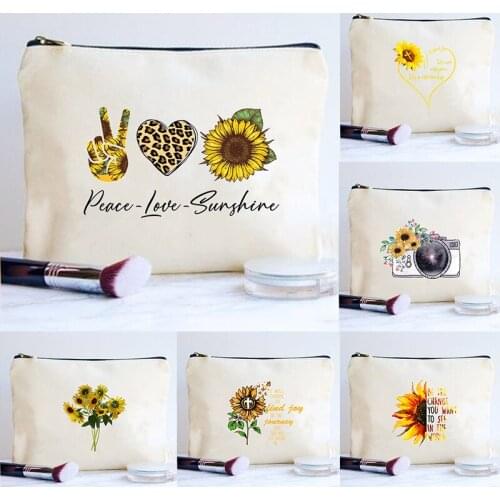 Sunflower Peace Love Sunshine Print Female Makeup Bag Fashion Cosmetics Organizer Storage Bag for Women Make Up Bag Lady Clutch