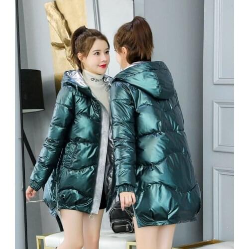 2020 Korean Padded Womens Clothing Glossy Autumn Winter Womens Mid-Length Loose-Fit Colorful Hooded Woman Jacket Large Size