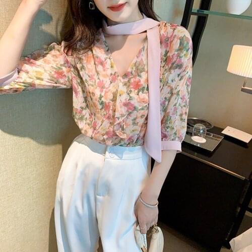 Ruffles Blouse Female 2021 Summer New Korean Printed Chiffon Shirt Stitch Short Sleeve Shirt Blouse Plus Size Loose Casual Tops