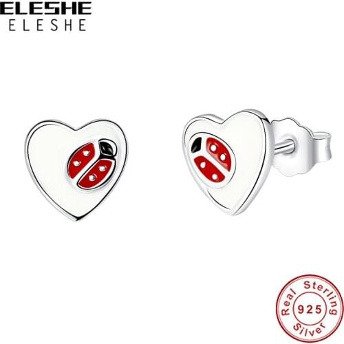 2019 New Fashion 925 Sterling Silver Earrings Enamel Love Heart with Insect Ladybug Stud Earrings for Women Girls Silver Jewelry