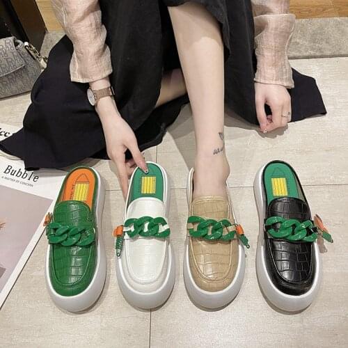 Womens Slippers Round toe mules casual platform slippers Thick Soles Fashion Leather Instagram Pop Shoes Flip Flops