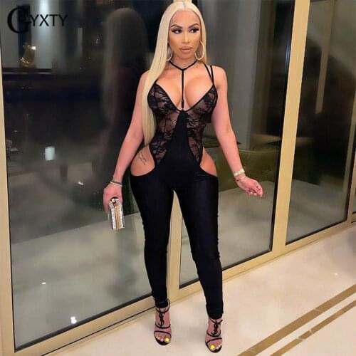 GBYXTY Sexy Black Lace Patchwork Night Club Jumpsuit Women Hollow Out Backless Halter Bodycon Jumpsuit One Piece Outfit ZL1322