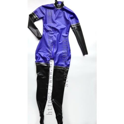 Womens latex Zentai catsuit blue full body latex suit with socks in black and dark gray trim colors