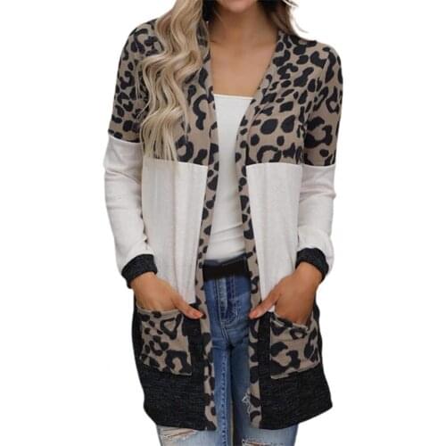 Leopard Print Patchwork Two Pockets Women Cardigan Mid-Length Long Sleeves Autumn Knitted Open Stitch Sweater Coat Outerwear