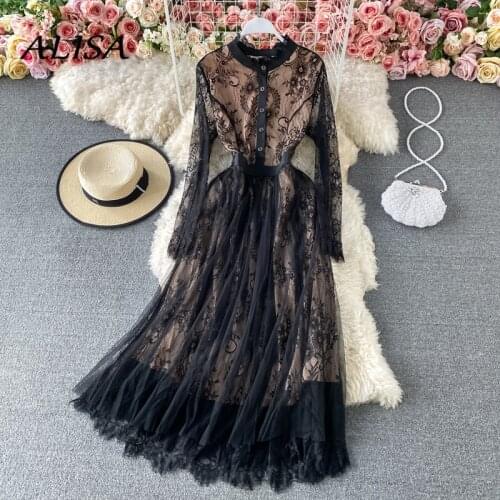 Women Elegant Lace Dress Spring Autumn Mid-length Mesh Gauze Hollow Crochet Black Vintage Dresses Ladies Party Dress Vestidos