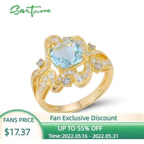 SANTUZZA Silver Ring For Women Pure 925 Sterling Silver White Cubic Zirconia Blue Stones Gold Color Ring Luxury Fine Jewelry