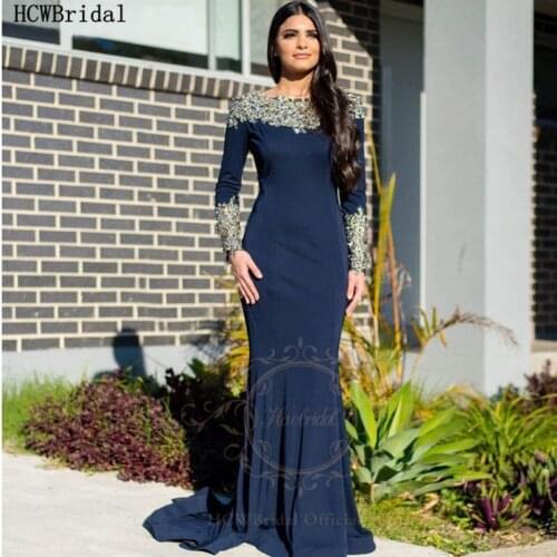 Navy Blue Long Sleeves Mermaid Evening Formal Dresses Chic Crystals Plus Size Muslim Prom Gowns Robe De Soiree Women Party Dress