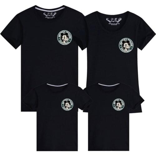 2021 Summer T-shirts Cotton Cartoons Printing Mickey Mouse Children Short Sleeve Casual Base Black Family Clothes Women Loose