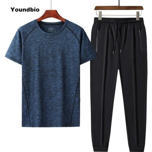 2021 Summer Men Sports Sets Soft Breathable Ice Silk Quick-Drying T-Shirts Elastic Waist Pants Fitness Clothes 2 Piece Sets 6Xl