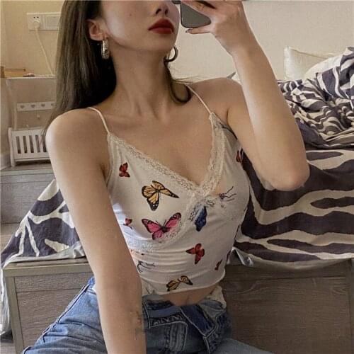 2021 Fashion Women Lace Patchwork V Neck Crop Tops Summer New Casual Fitting Slim Tanks Vest Butterfly Pattern Camisole Sun-Tops