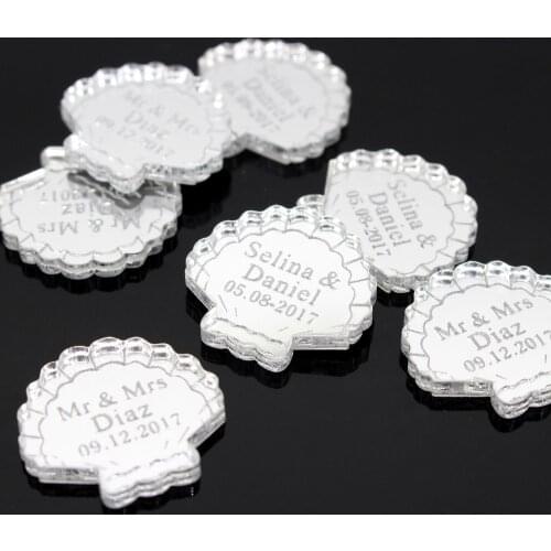 60 Pcs Personalized Laser Engraved Mr & Mrs Surname Beach Shell Shape Centerpieces Beach Wedding Party Table Decoration Favors