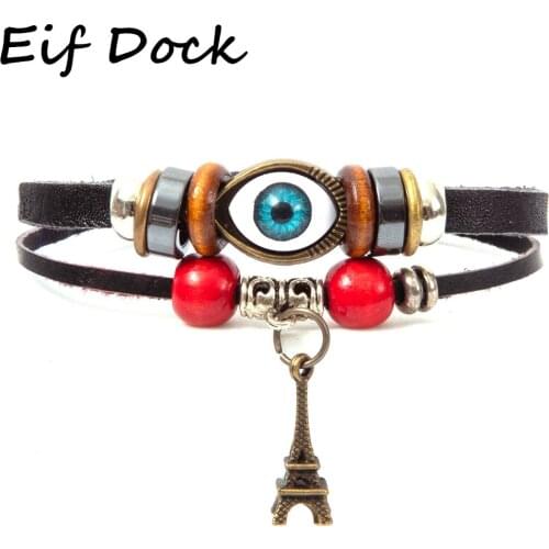 Eif Dock Evil Eye Bracelets for Men Women Vintage Leather Rope Chain Eiffel Tower Pendant Charm Bracelet Diy Jewelry