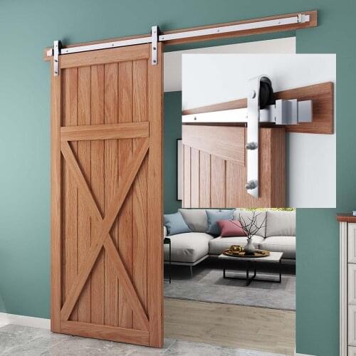 KIN MADE 5/6/6.6/8FT Flat track Heavy Duty Sliding Barn Door Hardware Kit, Single Rail Stainless Steel Smoothly J Shape Hanger