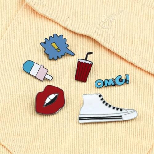 Cool Cartoon Brooch Fashion OMG Canvas Shoes Enamel Pins Women Red Lips Mental Brooches Cola Demin Coat Lapel Badge Jewelry Gift