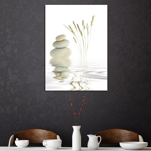 Still Life Wall Art Canvas Prints Decor Zen Garden Spa Stones Natural Wild Grasses and Reflection in Rippled Drop Shipping