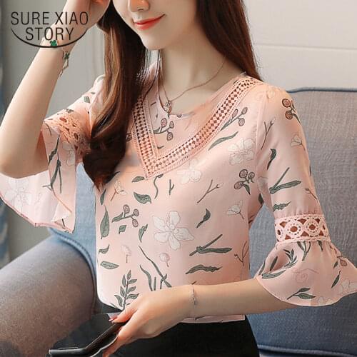 New Fashion Print Chiffon Blouse Women Shirt Flare Sleeve Summer Women Tops Hollow Chiffon Women Blouses Shirts Blusas 0278 40