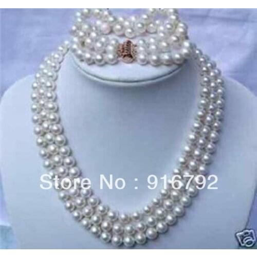 Wholesale free shipping >>>>>Beautiful!3 ROWs 7-8mm WHITE AKOYA PEARL NECKLACE & BRACELETS