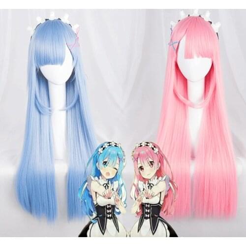 Re:Life in a different world from zero Biamoxer Ram Rem Cosplay Wig Pink Blue 80cm Long Straight Synthetic Hairwear