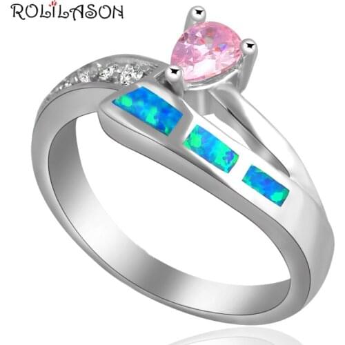 ROLILASON Royal style Pink Zircon Blue Fire Opal silver plated stamp Ring Sz #6.5 #6.75 #8 #8.5 Jewelry OR551