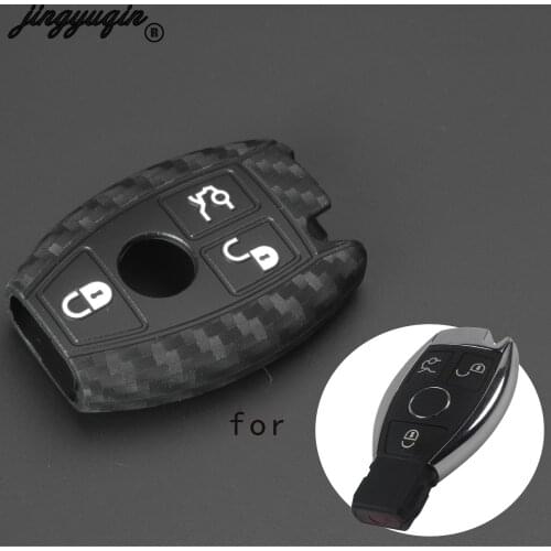 Jingyuqin Carbon Fiber Silicone Car Key Case Fob Cover For Mercedes Benz CLS CLA GL R SLK AMG A B C S Class 3 Buttons Protected