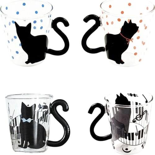Cartoon Cute Cat Glass Cup Creative Couple Cup Coffee Glass Lovers Cups Cat Tail Handle Milk Mug Lover Best Gift for Couple