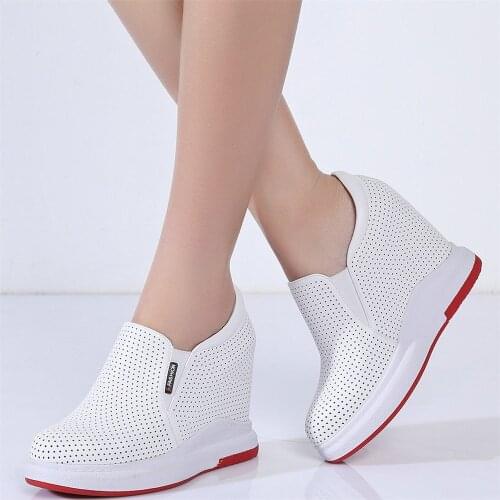 Fashion Sneakers Women Breathable Genuine Leather Wedges High Heel Ankle Boots Female Round Toe Platform Pumps Shoe Casual Shoes