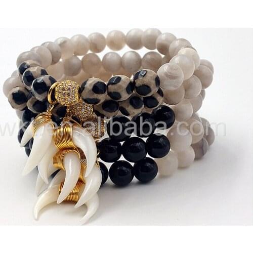 WT-B270 Fashion Handmade Beaded Bracelets Natural shell horn charm grey stone beads bracelets 8mm bead stone bracelets wholesale