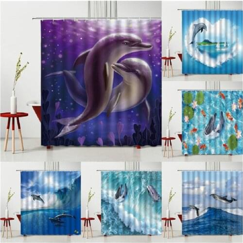 3D Sunlight Ocean Design Dolphin Shower Curtain Animal Heart-Shaped Romantic Couple Waterproof Bath Curtains With Hooks Bathroom