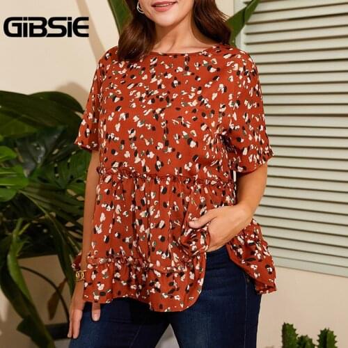 GIBSIE Plus Size Keyhole Back Print Ruffle Hem Women Tops Blouses 2021 Summer Casual O-Neck Short Sleeve Pullover Blouse