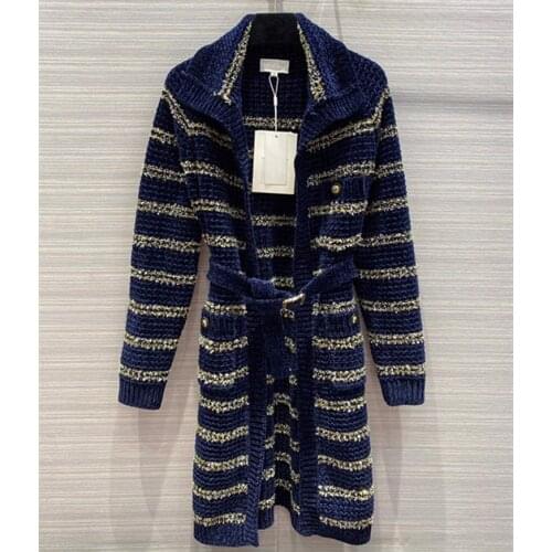 Womens European and American wear 2021 winter new style Long - sleeved lapel with gold thread and stripe knit cardigan coat