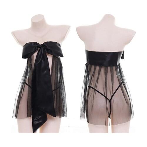 Ladies sexy net yarn sexy pajamas transparent nightdress wrapped chest open back big bow Harajuku home service solid color