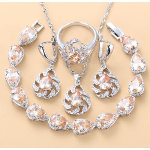 Unique Champagne CZ Water Drop Vintage Costume Silver Color 10-Color Women Jewelry Sets Dangle Earrings Bracelet Ring